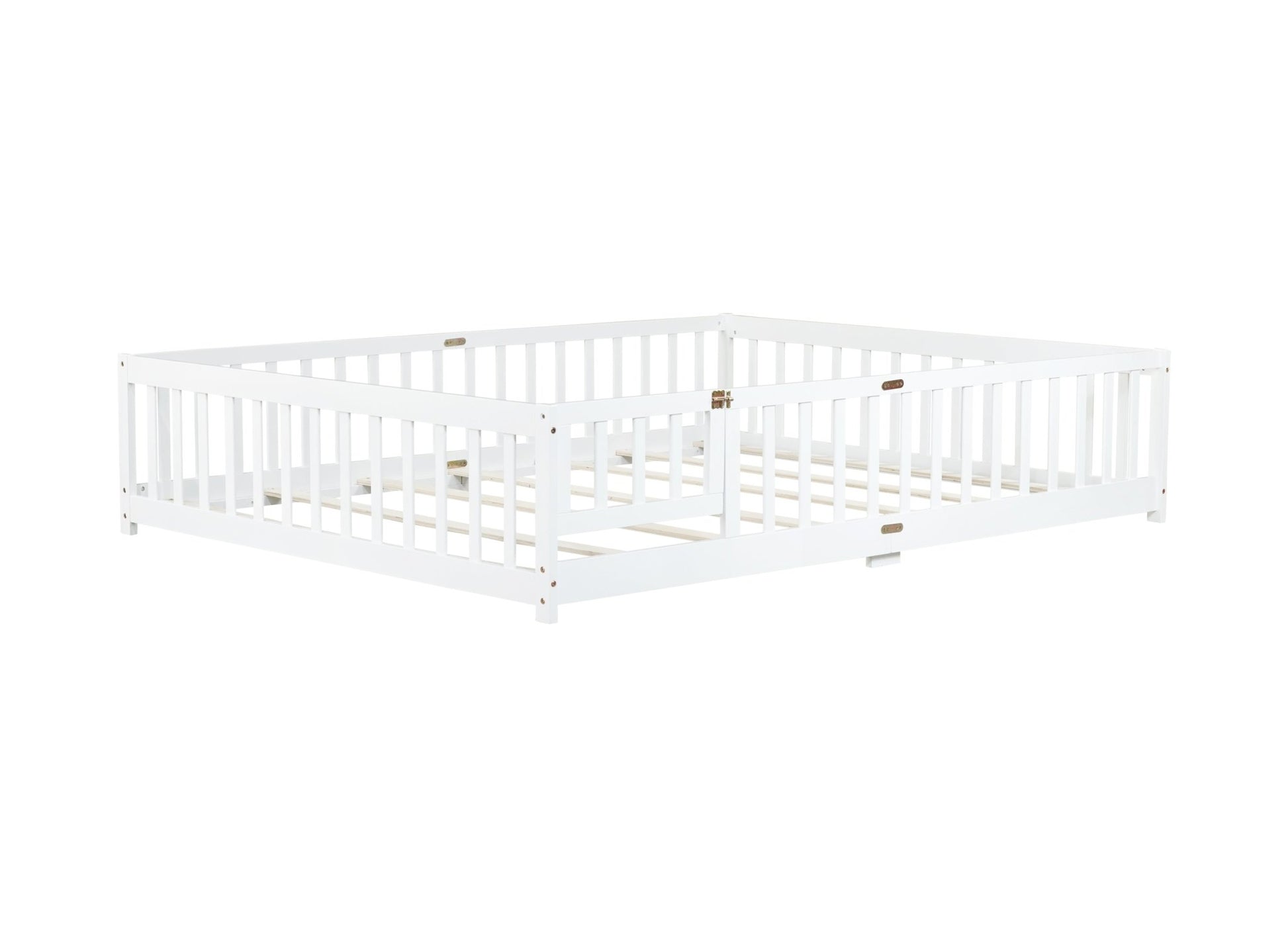Queen Size Floor Bed with Fence,Door,Rubber Wood Floor Bed with Safety Guardrails,White - 1st Choice Furniture Direct