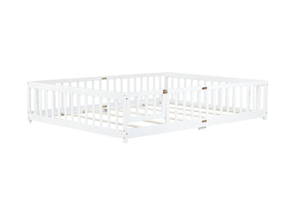 Queen Size Floor Bed with Fence,Door,Rubber Wood Floor Bed with Safety Guardrails,White - 1st Choice Furniture Direct