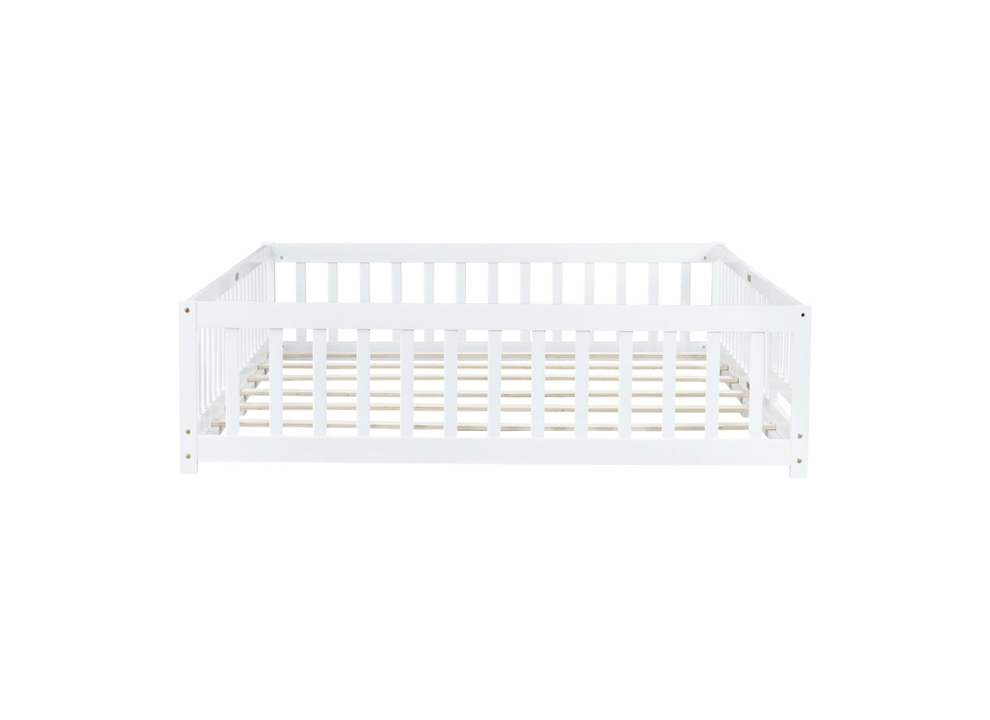 Queen Size Floor Bed with Fence,Door,Rubber Wood Floor Bed with Safety Guardrails,White - 1st Choice Furniture Direct