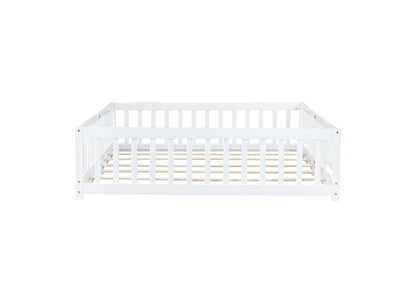 Queen Size Floor Bed with Fence,Door,Rubber Wood Floor Bed with Safety Guardrails,White - 1st Choice Furniture Direct