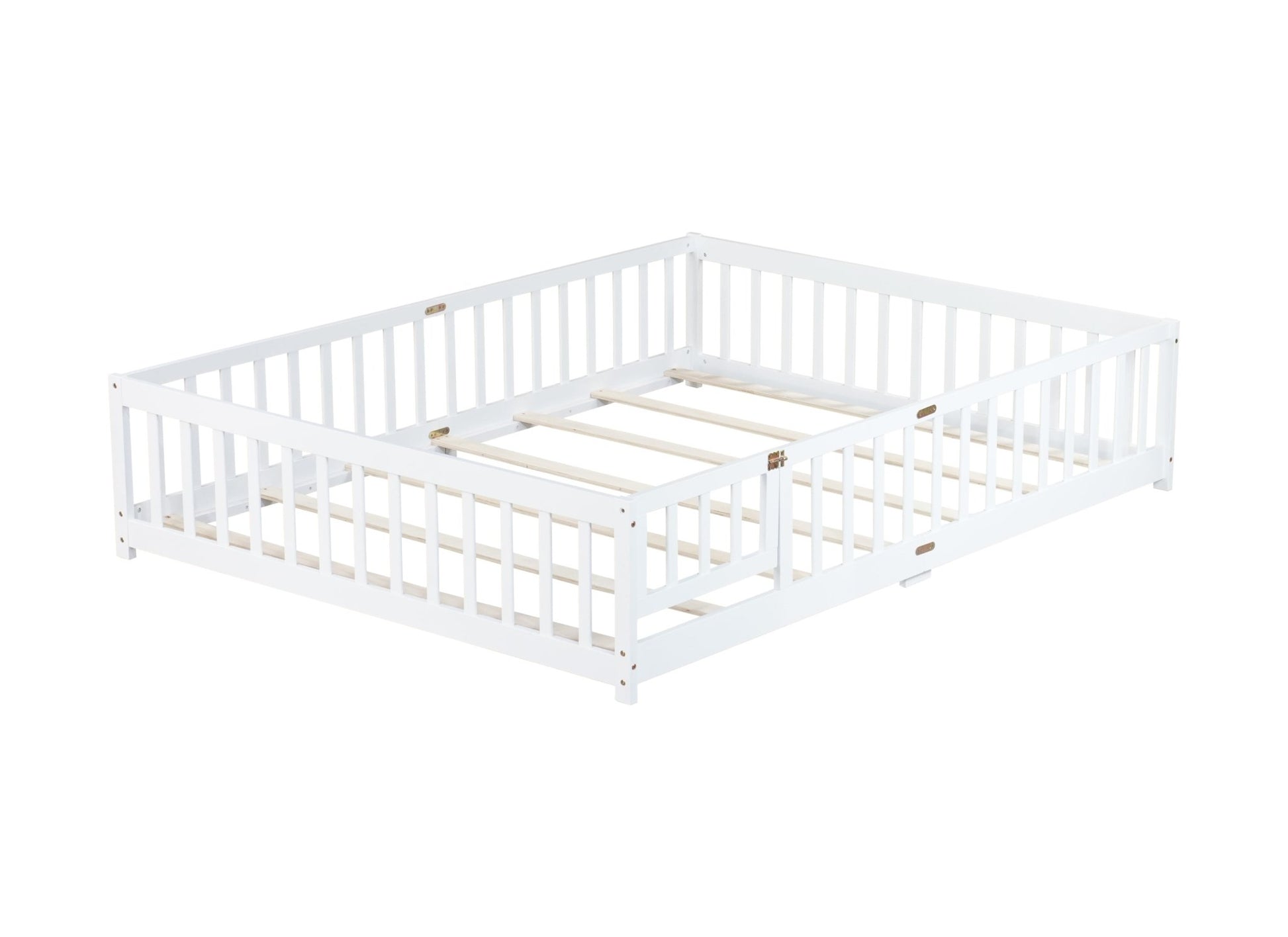 Queen Size Floor Bed with Fence,Door,Rubber Wood Floor Bed with Safety Guardrails,White - 1st Choice Furniture Direct