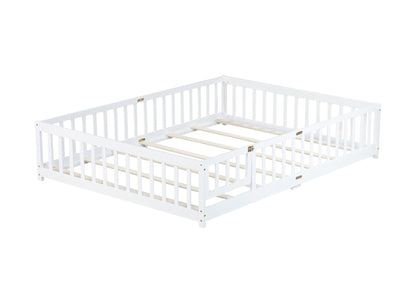 Queen Size Floor Bed with Fence,Door,Rubber Wood Floor Bed with Safety Guardrails,White - 1st Choice Furniture Direct