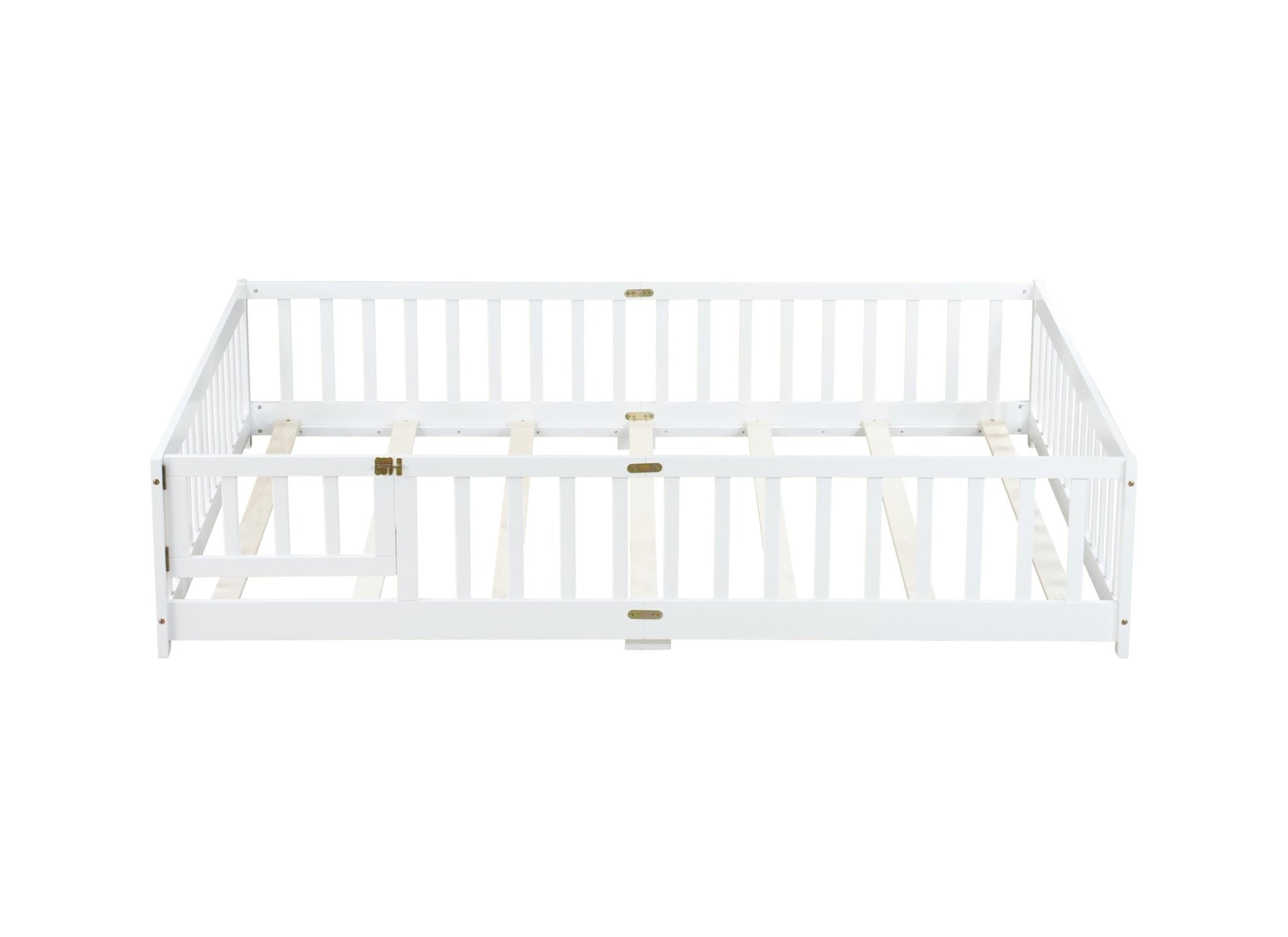 Queen Size Floor Bed with Fence,Door,Rubber Wood Floor Bed with Safety Guardrails,White - 1st Choice Furniture Direct
