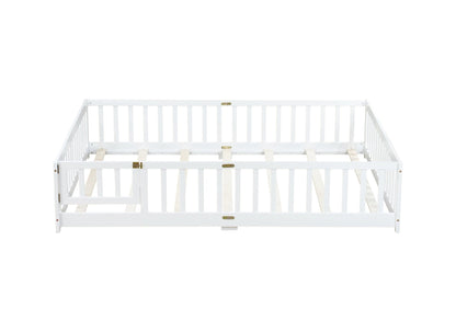 Queen Size Floor Bed with Fence,Door,Rubber Wood Floor Bed with Safety Guardrails,White - 1st Choice Furniture Direct