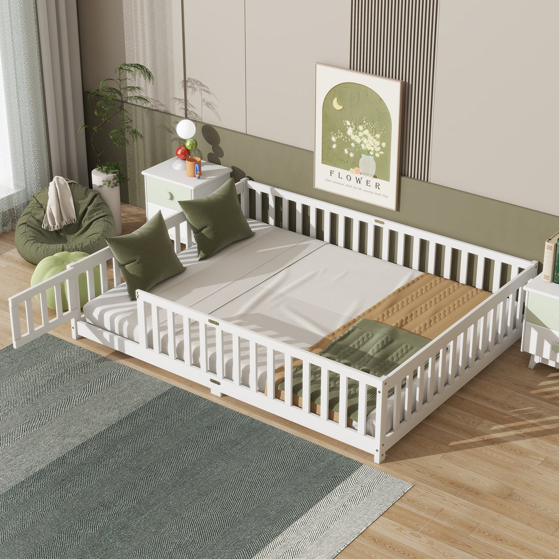 Queen Size Floor Bed with Fence,Door,Rubber Wood Floor Bed with Safety Guardrails,White - 1st Choice Furniture Direct