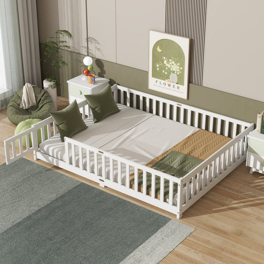 Queen Size Floor Bed with Fence,Door,Rubber Wood Floor Bed with Safety Guardrails,White - 1st Choice Furniture Direct
