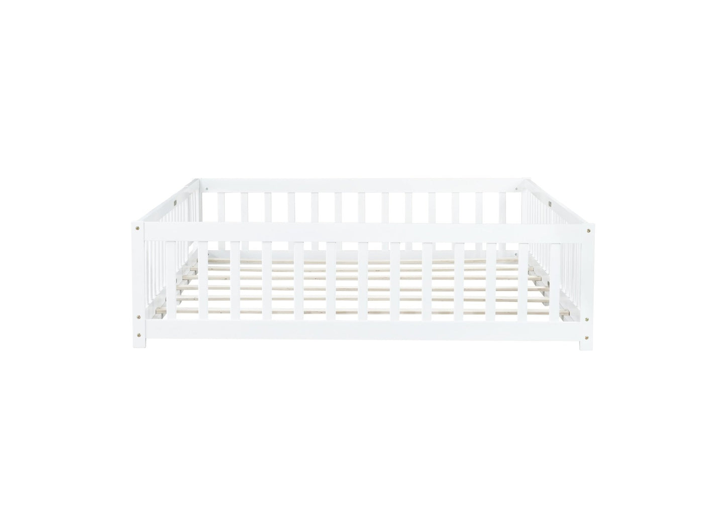 Queen Size Floor Bed with Fence,Door,Rubber Wood Floor Bed with Safety Guardrails,White - 1st Choice Furniture Direct