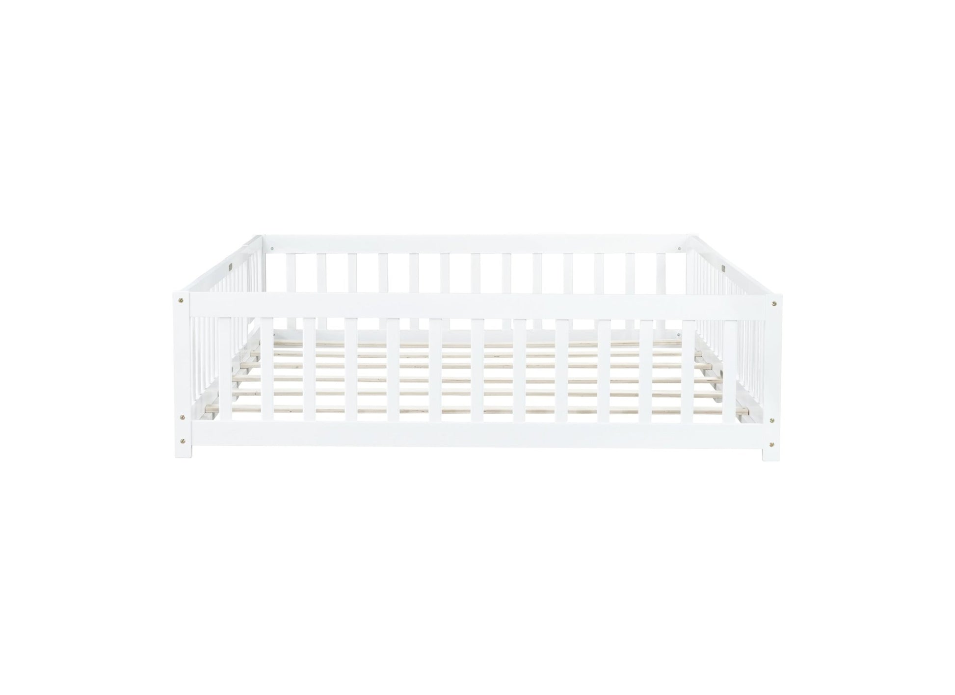Queen Size Floor Bed with Fence,Door,Rubber Wood Floor Bed with Safety Guardrails,White - 1st Choice Furniture Direct