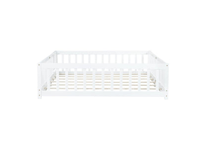 Queen Size Floor Bed with Fence,Door,Rubber Wood Floor Bed with Safety Guardrails,White - 1st Choice Furniture Direct