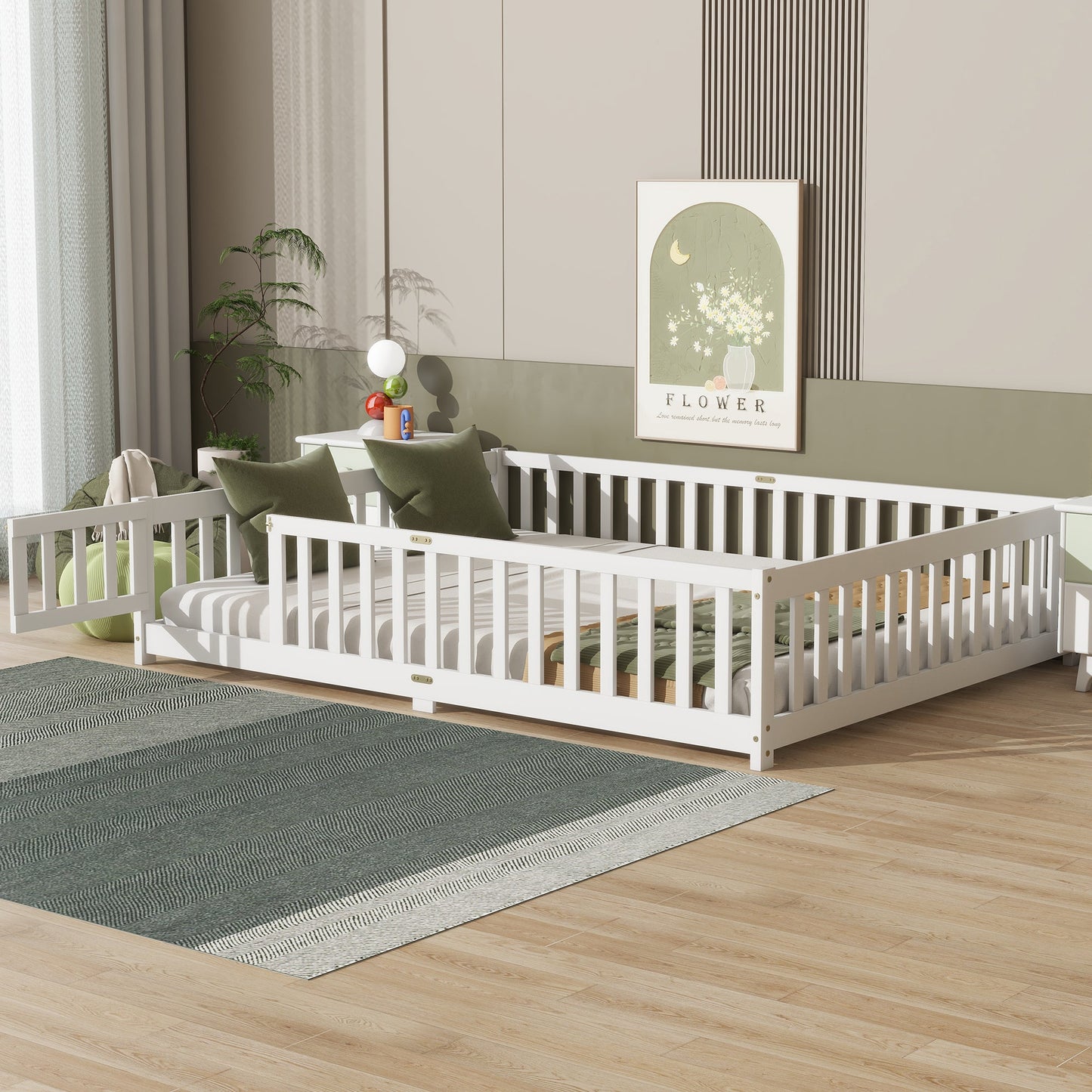 Queen Size Floor Bed with Fence,Door,Rubber Wood Floor Bed with Safety Guardrails,White - 1st Choice Furniture Direct