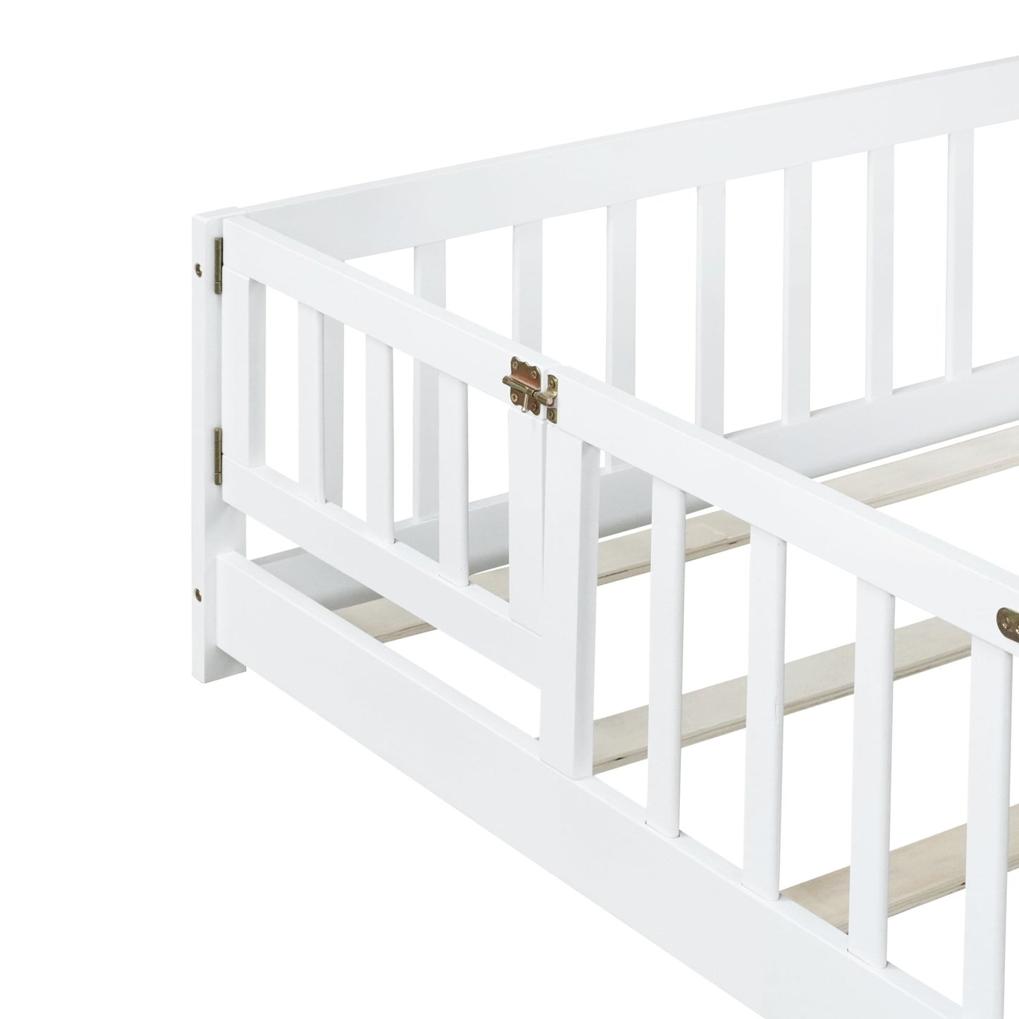 Queen Size Floor Bed with Fence,Door,Rubber Wood Floor Bed with Safety Guardrails,White - 1st Choice Furniture Direct