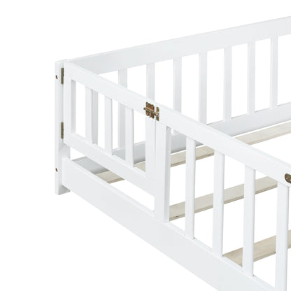 Queen Size Floor Bed with Fence,Door,Rubber Wood Floor Bed with Safety Guardrails,White - 1st Choice Furniture Direct