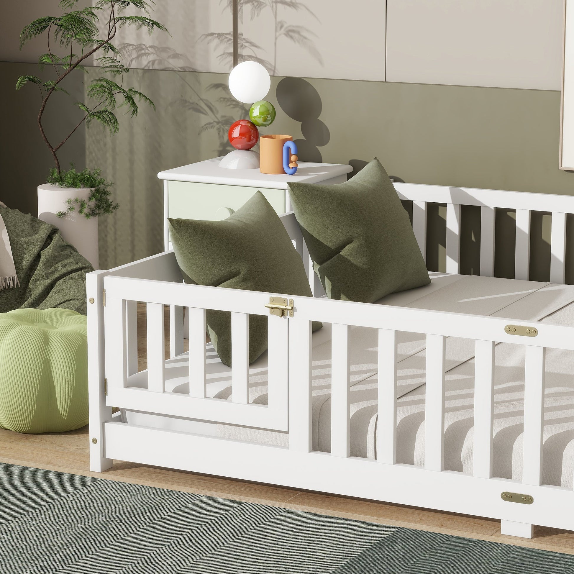 Queen Size Floor Bed with Fence,Door,Rubber Wood Floor Bed with Safety Guardrails,White - 1st Choice Furniture Direct