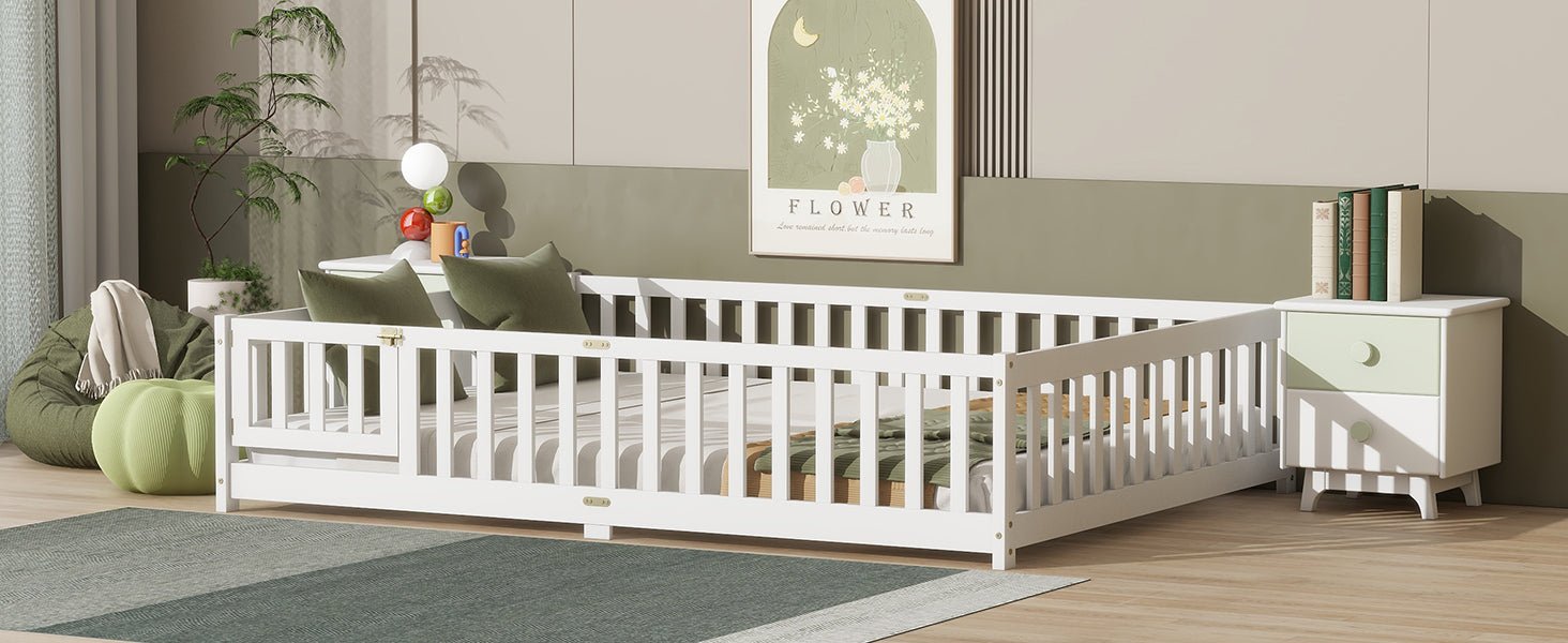 Queen Size Floor Bed with Fence,Door,Rubber Wood Floor Bed with Safety Guardrails,White - 1st Choice Furniture Direct