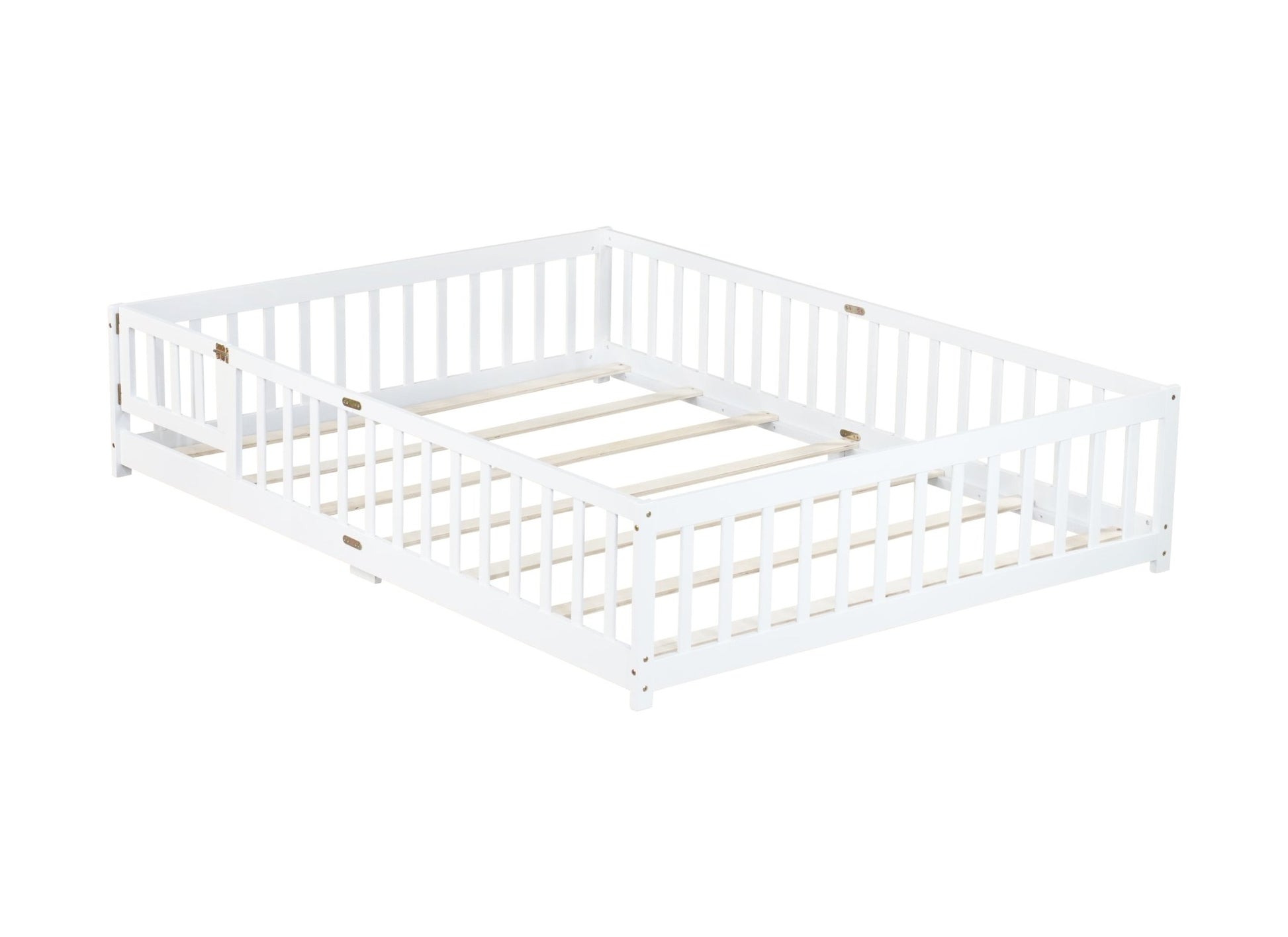 Queen Size Floor Bed with Fence,Door,Rubber Wood Floor Bed with Safety Guardrails,White - 1st Choice Furniture Direct