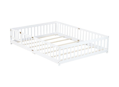 Queen Size Floor Bed with Fence,Door,Rubber Wood Floor Bed with Safety Guardrails,White - 1st Choice Furniture Direct