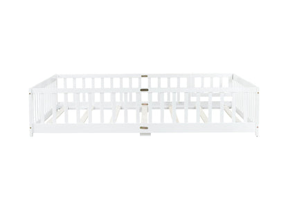 Queen Size Floor Bed with Fence,Door,Rubber Wood Floor Bed with Safety Guardrails,White - 1st Choice Furniture Direct