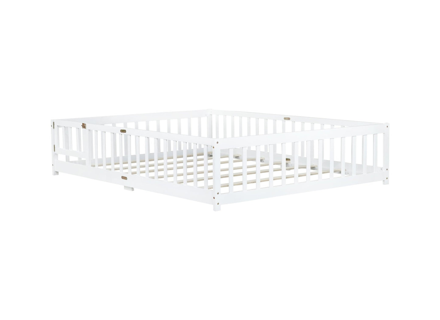 Queen Size Floor Bed with Fence,Door,Rubber Wood Floor Bed with Safety Guardrails,White - 1st Choice Furniture Direct