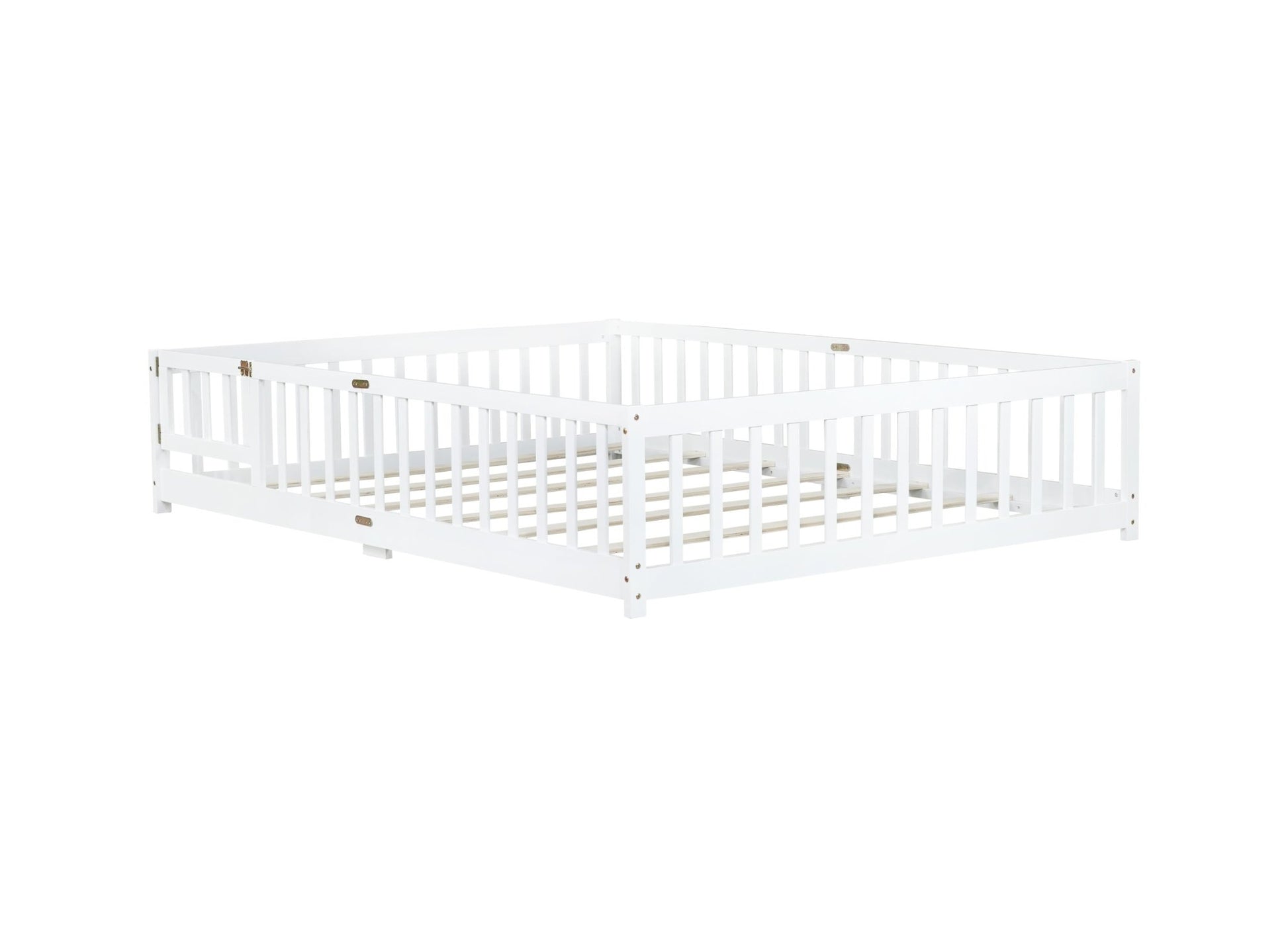 Queen Size Floor Bed with Fence,Door,Rubber Wood Floor Bed with Safety Guardrails,White - 1st Choice Furniture Direct