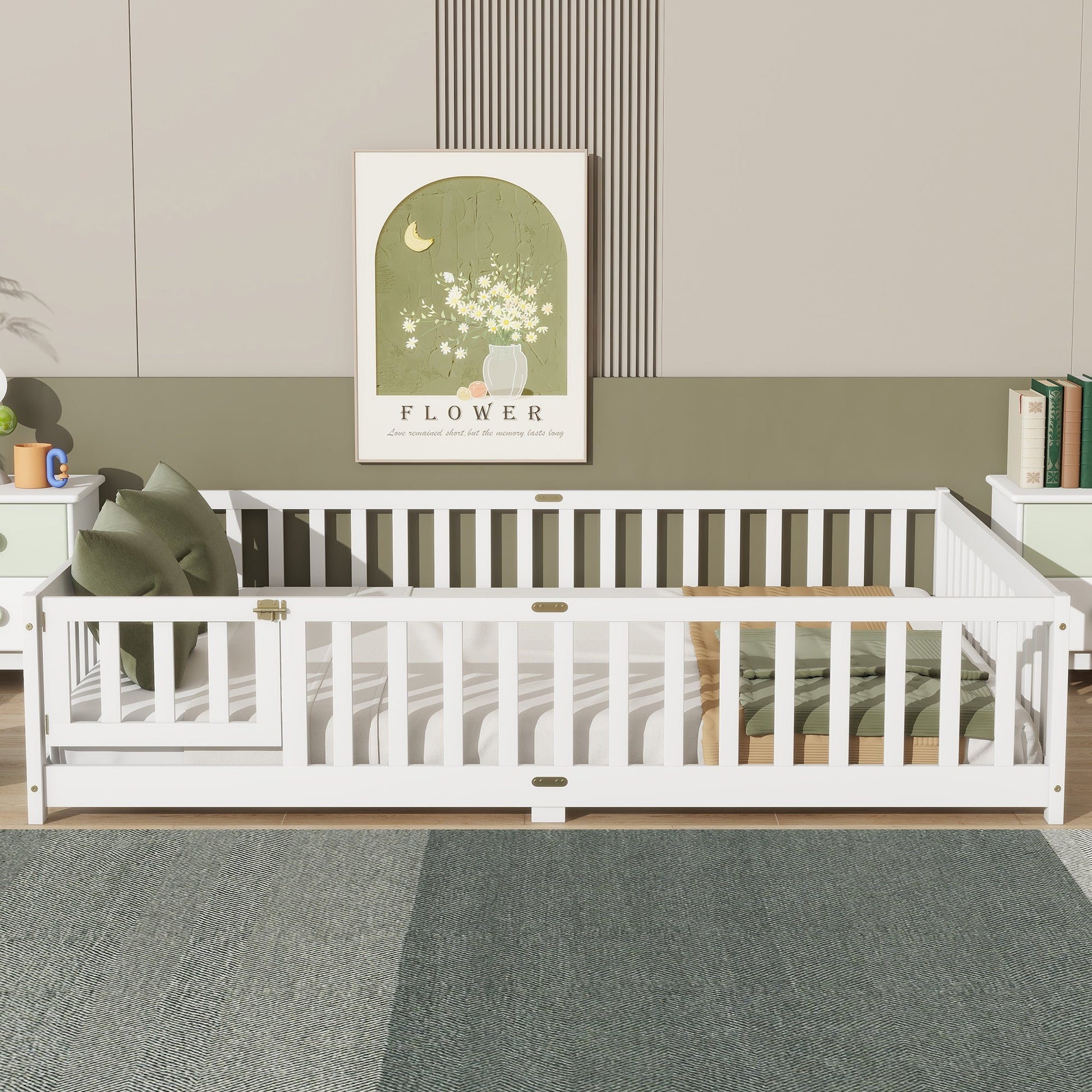 Queen Size Floor Bed with Fence,Door,Rubber Wood Floor Bed with Safety Guardrails,White - 1st Choice Furniture Direct