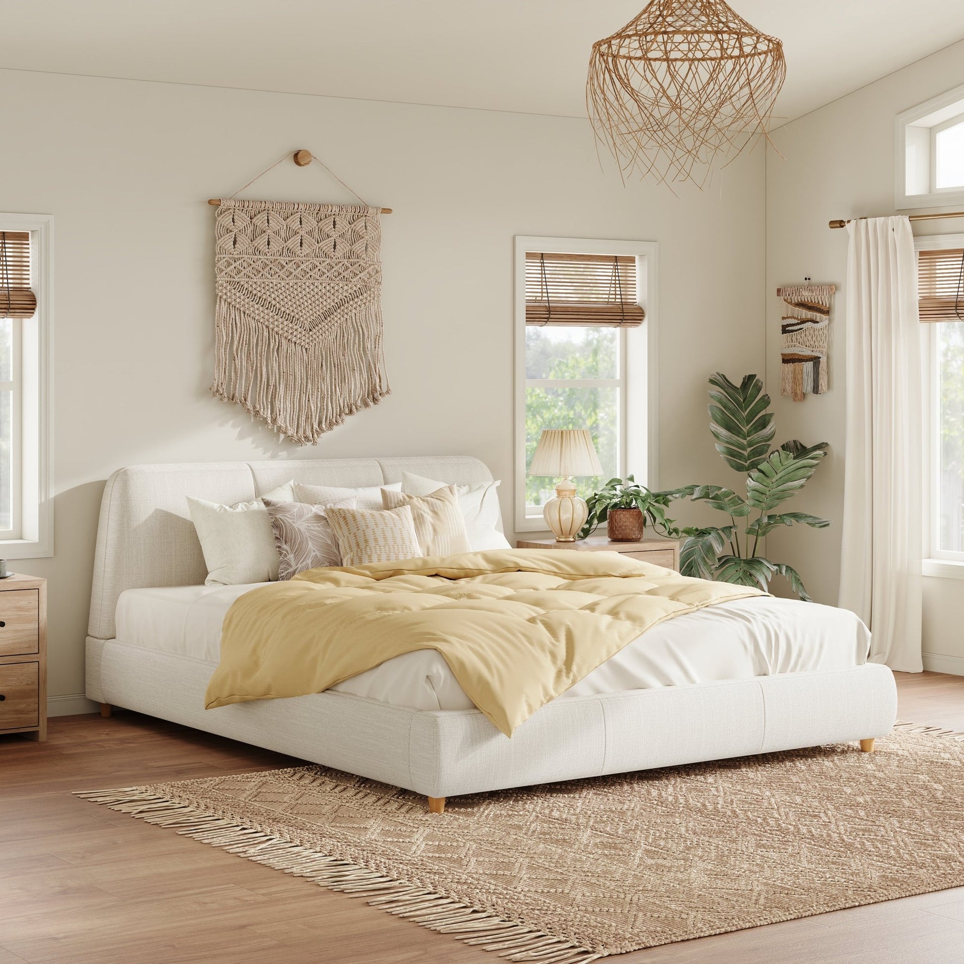 Queen Size Modern Upholstered Bed Frame with Linen Fabric and Solid Wood Legs, White - 1st Choice Furniture Direct