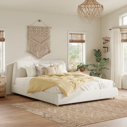Queen Size Modern Upholstered Bed Frame with Linen Fabric and Solid Wood Legs, White - 1st Choice Furniture Direct