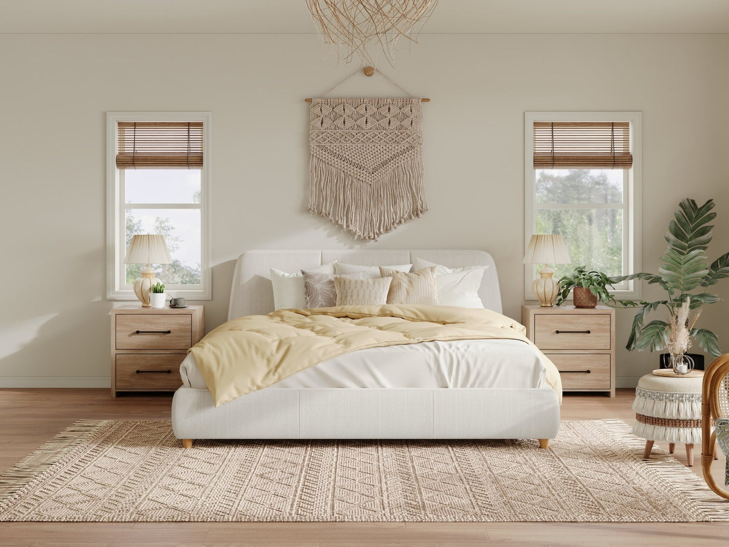 Queen Size Modern Upholstered Bed Frame with Linen Fabric and Solid Wood Legs, White - 1st Choice Furniture Direct