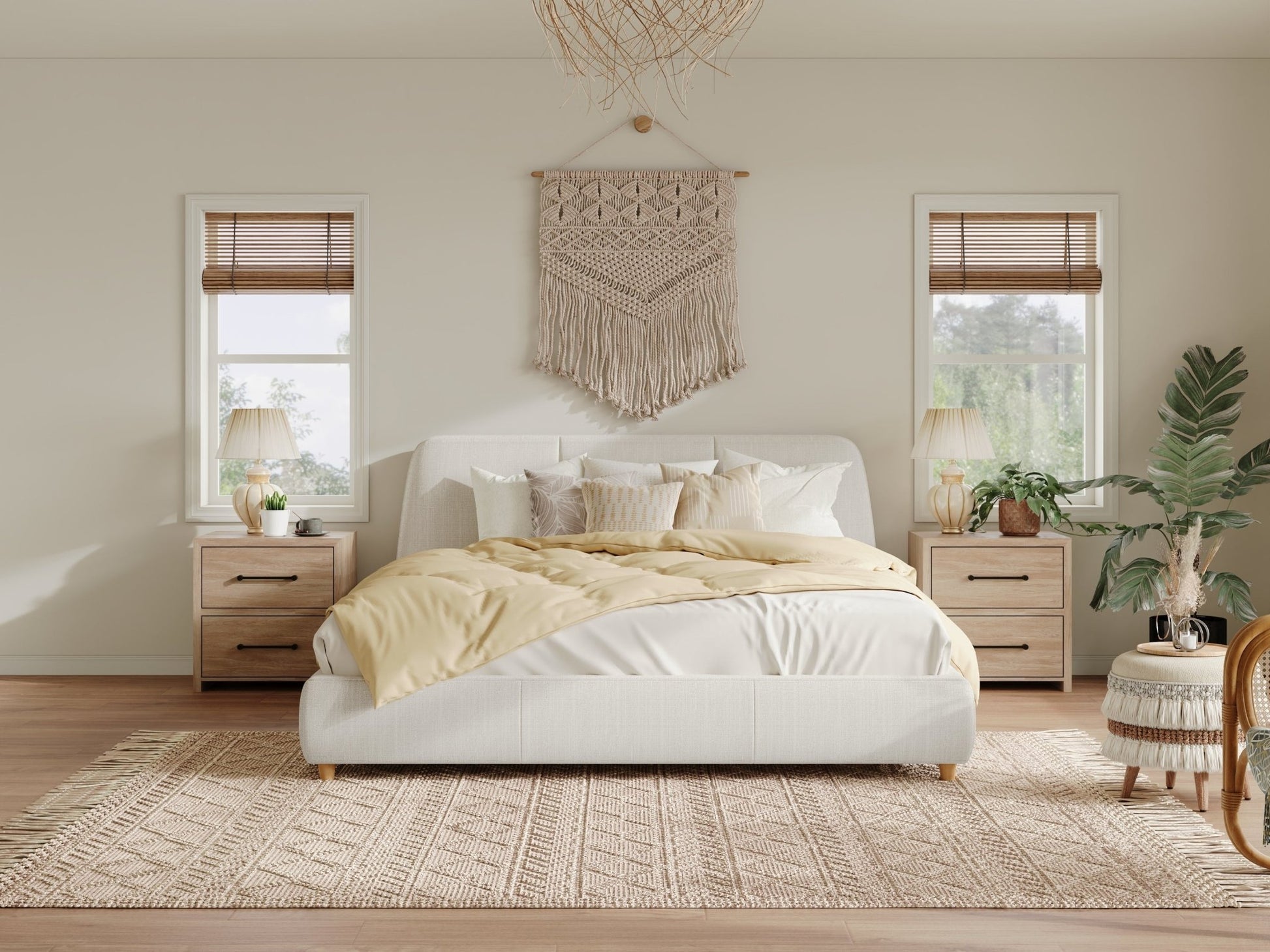 Queen Size Modern Upholstered Bed Frame with Linen Fabric and Solid Wood Legs, White - 1st Choice Furniture Direct