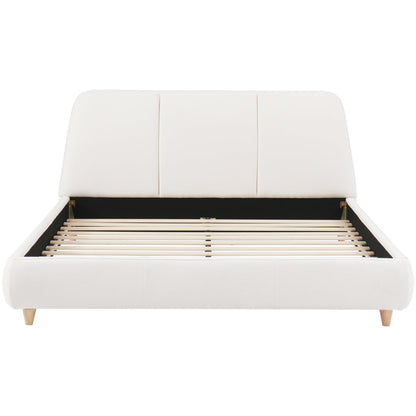 Queen Size Modern Upholstered Bed Frame with Linen Fabric and Solid Wood Legs, White - 1st Choice Furniture Direct