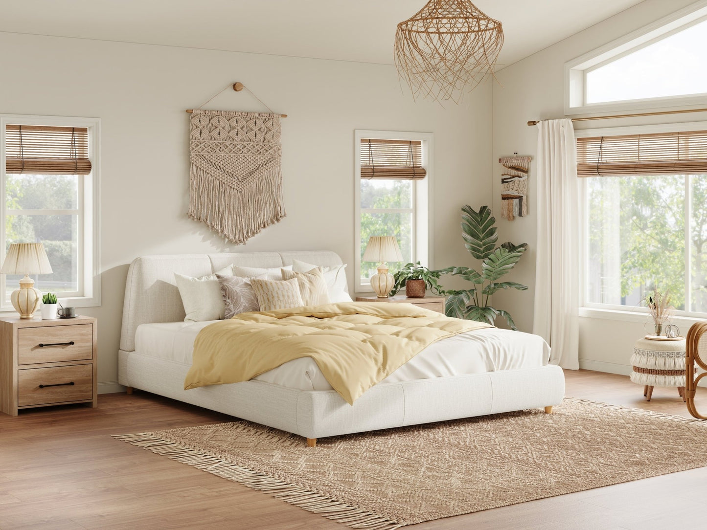 Queen Size Modern Upholstered Bed Frame with Linen Fabric and Solid Wood Legs, White - 1st Choice Furniture Direct