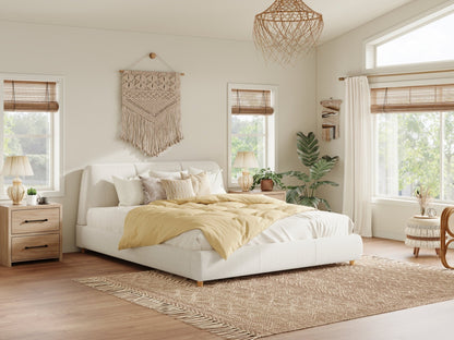 Queen Size Modern Upholstered Bed Frame with Linen Fabric and Solid Wood Legs, White - 1st Choice Furniture Direct