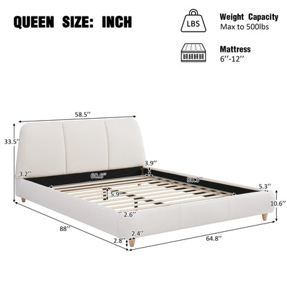 Queen Size Modern Upholstered Bed Frame with Linen Fabric and Solid Wood Legs, White - 1st Choice Furniture Direct