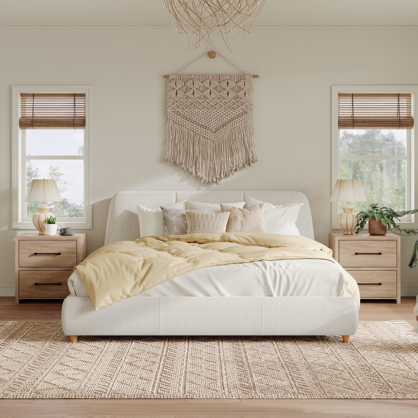 Queen Size Modern Upholstered Bed Frame with Linen Fabric and Solid Wood Legs, White - 1st Choice Furniture Direct