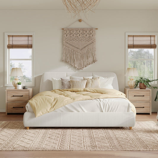 Queen Size Modern Upholstered Bed Frame with Linen Fabric and Solid Wood Legs, White - 1st Choice Furniture Direct