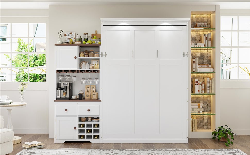Queen Size Murphy Bed with Storage Cabinet, Wine Rack, Glass Holder, Drawers and Multi-Color LED Strip, White - 1st Choice Furniture Direct