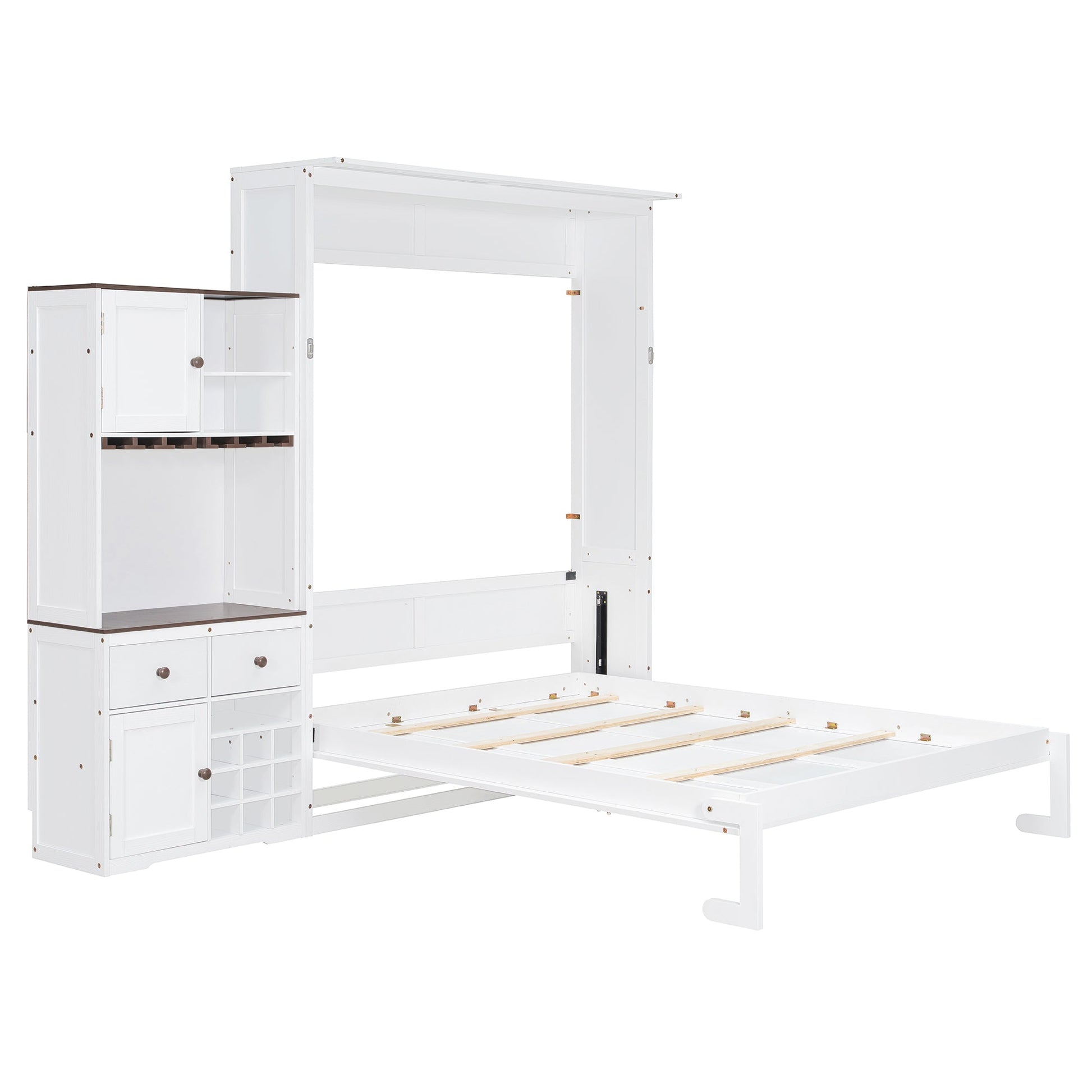 Queen Size Murphy Bed with Storage Cabinet, Wine Rack, Glass Holder, Drawers and Multi-Color LED Strip, White - 1st Choice Furniture Direct