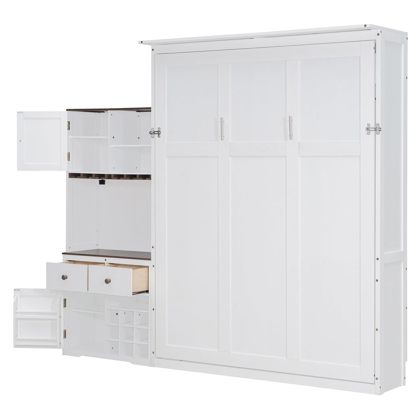 Queen Size Murphy Bed with Storage Cabinet, Wine Rack, Glass Holder, Drawers and Multi-Color LED Strip, White - 1st Choice Furniture Direct