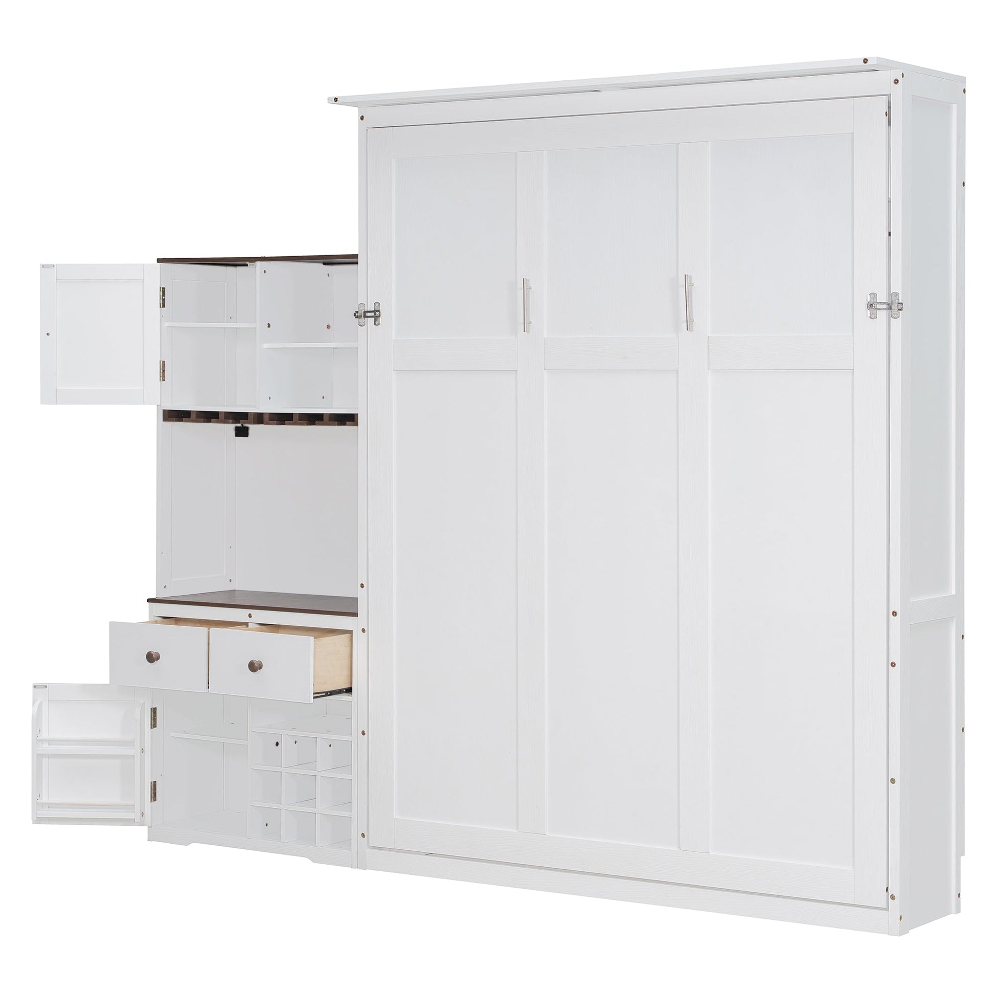 Queen Size Murphy Bed with Storage Cabinet, Wine Rack, Glass Holder, Drawers and Multi-Color LED Strip, White - 1st Choice Furniture Direct