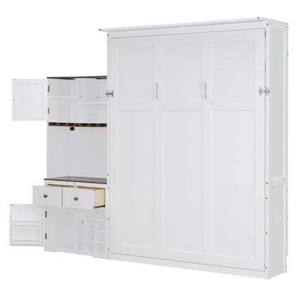 Queen Size Murphy Bed with Storage Cabinet, Wine Rack, Glass Holder, Drawers and Multi-Color LED Strip, White - 1st Choice Furniture Direct
