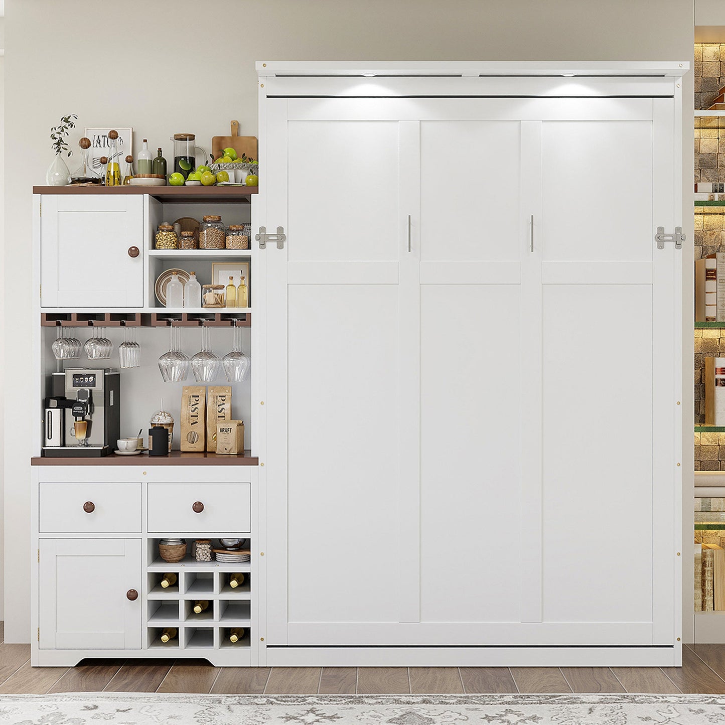 Queen Size Murphy Bed with Storage Cabinet, Wine Rack, Glass Holder, Drawers and Multi-Color LED Strip, White - 1st Choice Furniture Direct