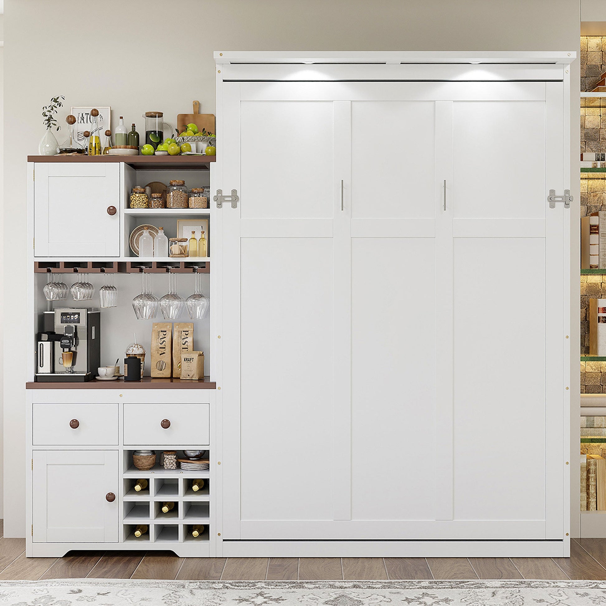 Queen Size Murphy Bed with Storage Cabinet, Wine Rack, Glass Holder, Drawers and Multi-Color LED Strip, White - 1st Choice Furniture Direct