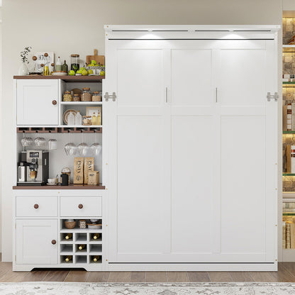 Queen Size Murphy Bed with Storage Cabinet, Wine Rack, Glass Holder, Drawers and Multi-Color LED Strip, White - 1st Choice Furniture Direct