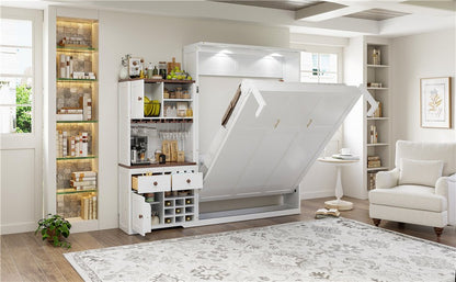 Queen Size Murphy Bed with Storage Cabinet, Wine Rack, Glass Holder, Drawers and Multi-Color LED Strip, White - 1st Choice Furniture Direct