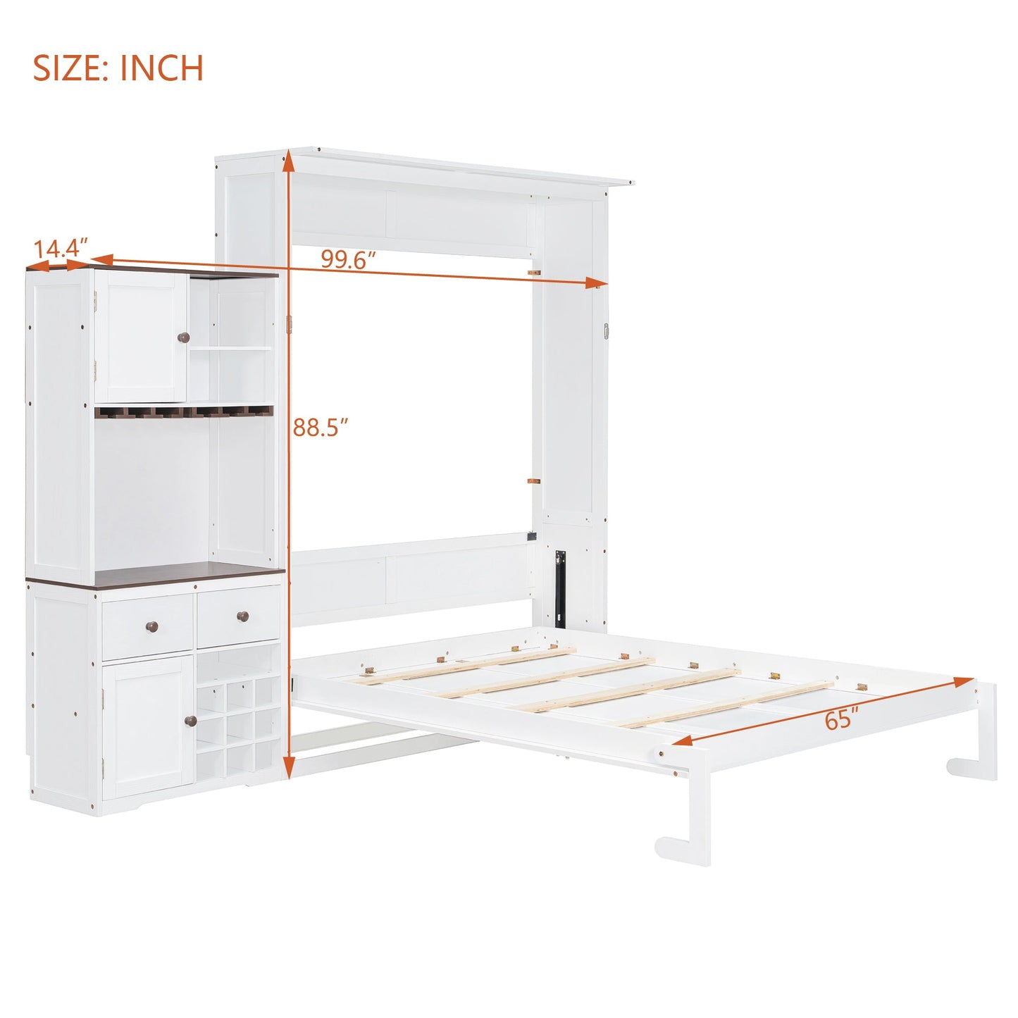 Queen Size Murphy Bed with Storage Cabinet, Wine Rack, Glass Holder, Drawers and Multi-Color LED Strip, White - 1st Choice Furniture Direct