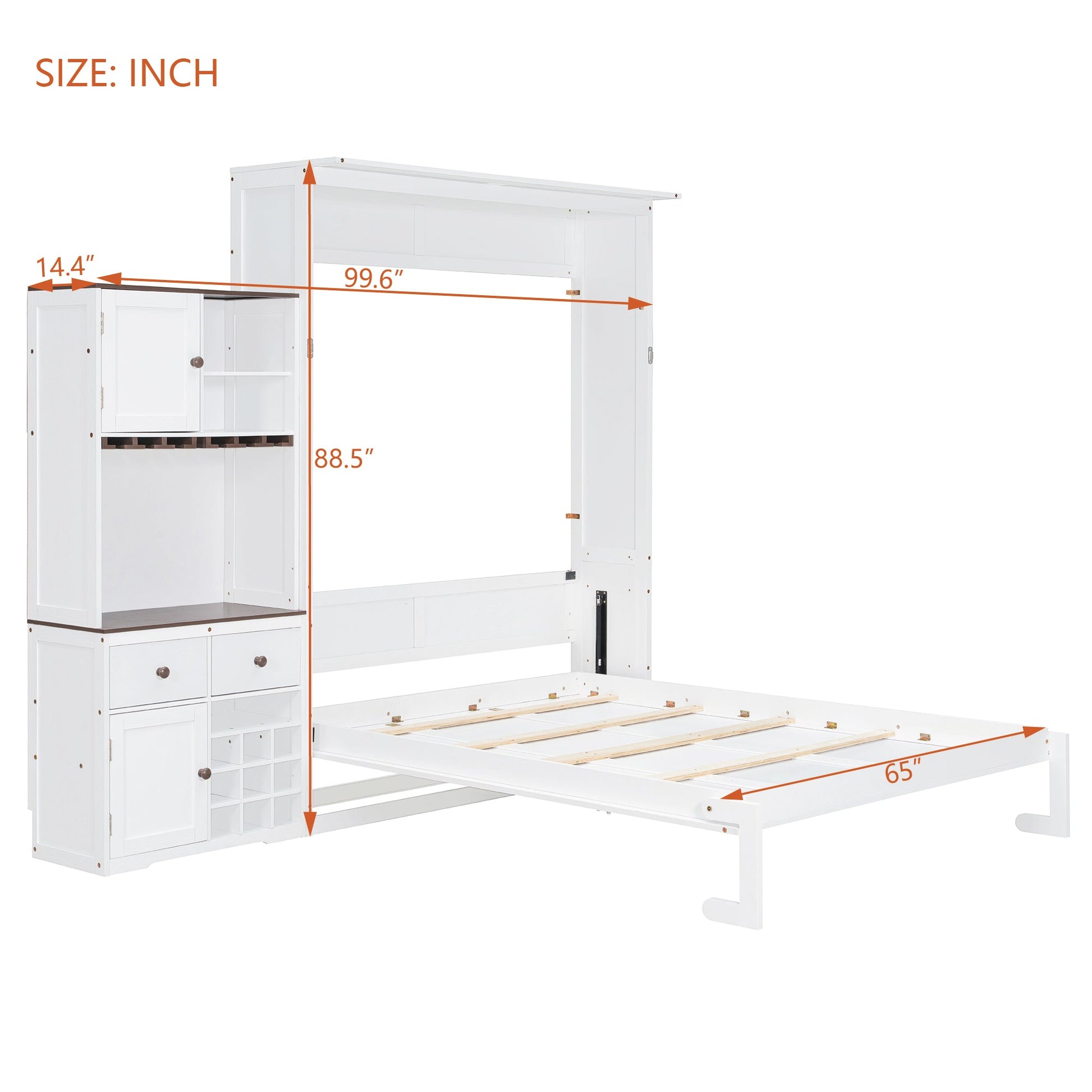 Queen Size Murphy Bed with Storage Cabinet, Wine Rack, Glass Holder, Drawers and Multi-Color LED Strip, White - 1st Choice Furniture Direct