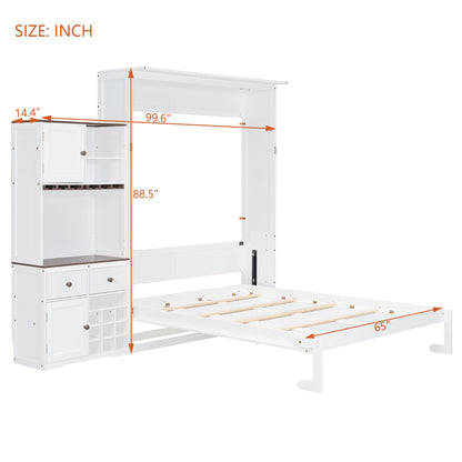 Queen Size Murphy Bed with Storage Cabinet, Wine Rack, Glass Holder, Drawers and Multi-Color LED Strip, White - 1st Choice Furniture Direct