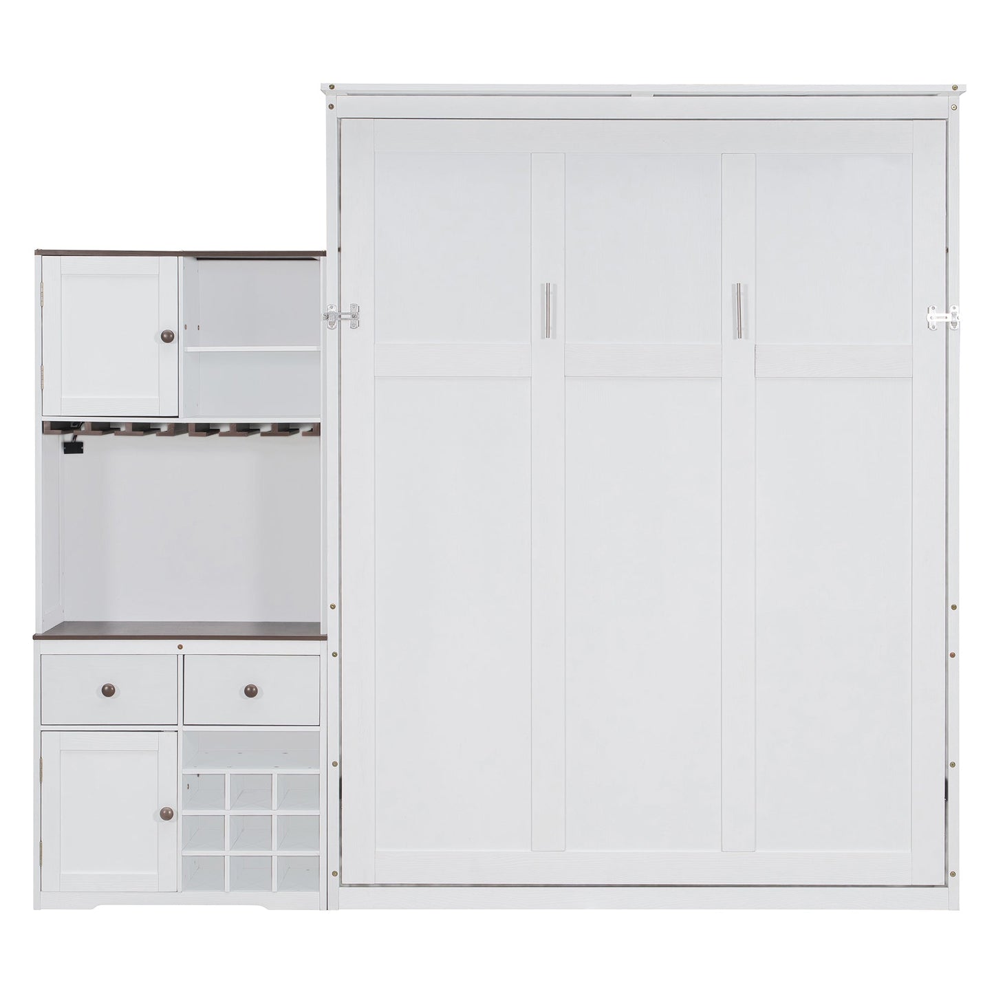 Queen Size Murphy Bed with Storage Cabinet, Wine Rack, Glass Holder, Drawers and Multi-Color LED Strip, White - 1st Choice Furniture Direct