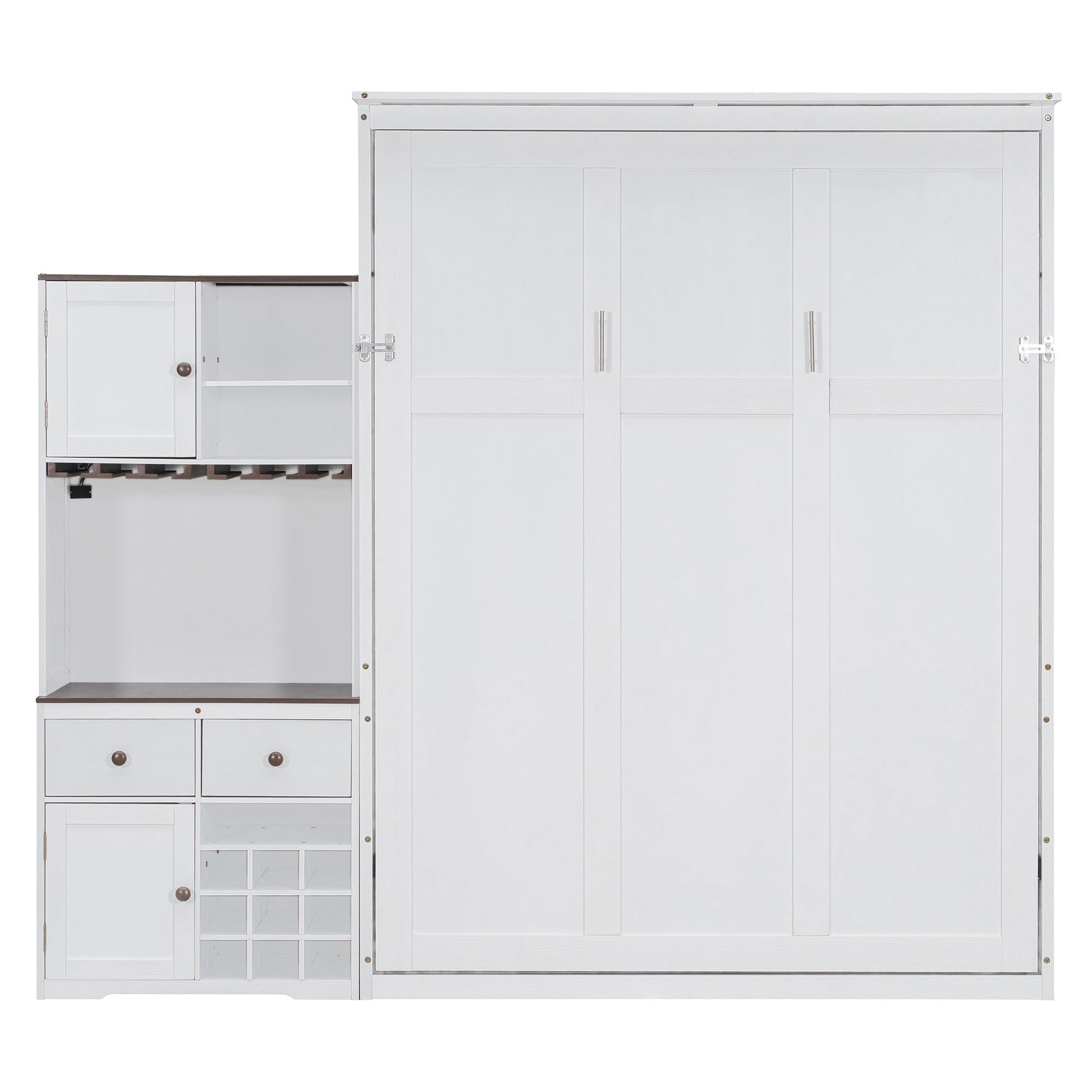 Queen Size Murphy Bed with Storage Cabinet, Wine Rack, Glass Holder, Drawers and Multi-Color LED Strip, White - 1st Choice Furniture Direct