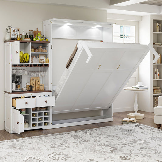 Queen Size Murphy Bed with Storage Cabinet, Wine Rack, Glass Holder, Drawers and Multi-Color LED Strip, White - 1st Choice Furniture Direct