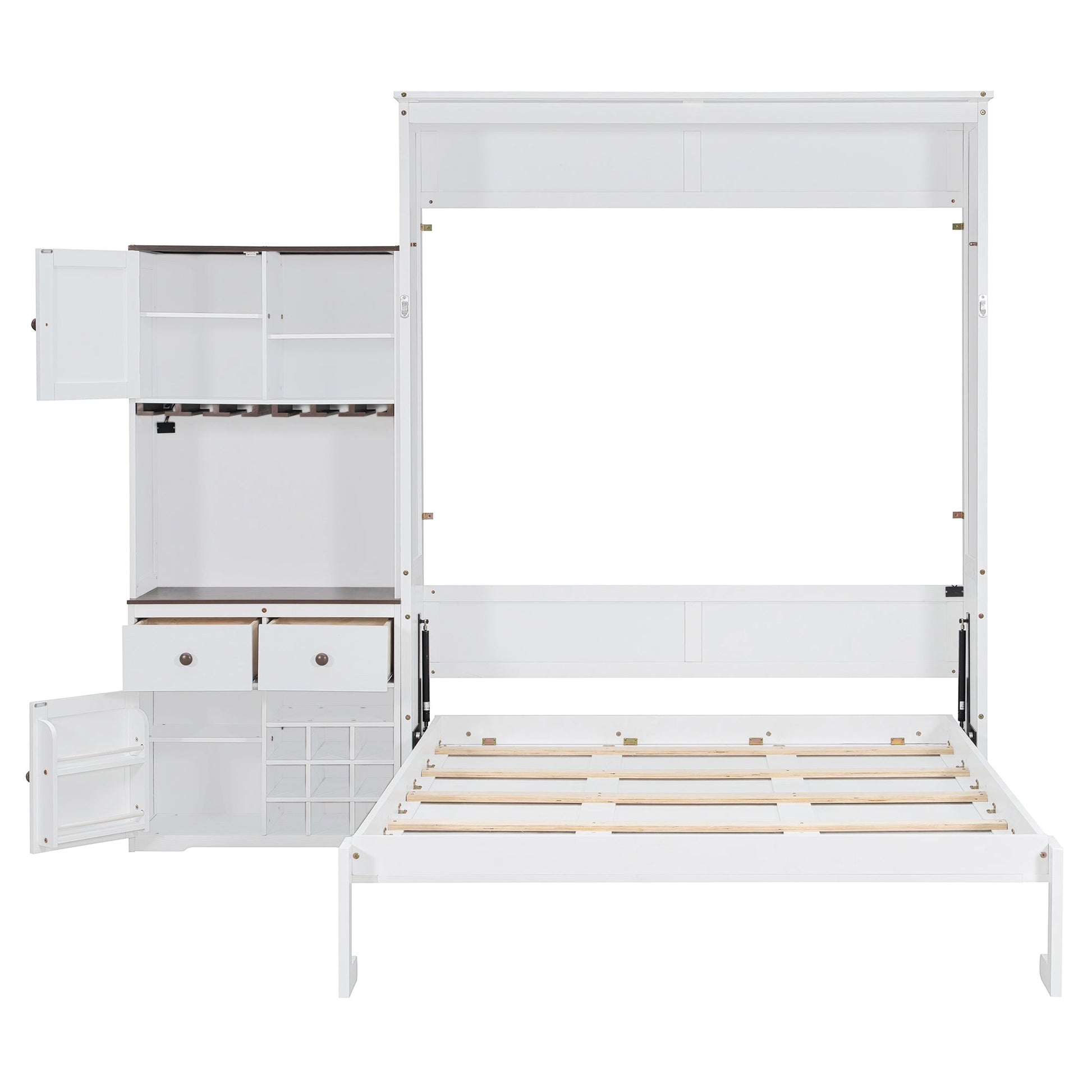 Queen Size Murphy Bed with Storage Cabinet, Wine Rack, Glass Holder, Drawers and Multi-Color LED Strip, White - 1st Choice Furniture Direct